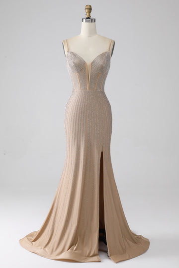 Sparkly Champagne Mermaid Spaghetti Straps Abito da ballo lungo con fessura